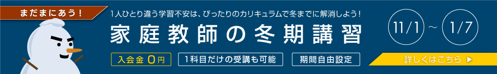 まだまにあう！1人ひとり違う学習不安は、カリキュラムで冬までに解消しよう！家庭教師の冬期講習 11/1-1/7 入会金０円 1科目だけの受講も可能 期間自由設定