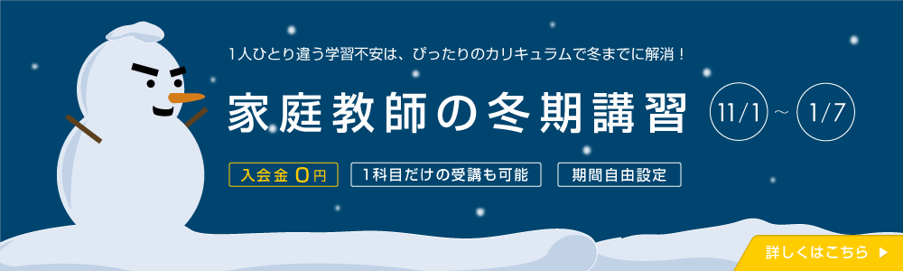 家庭教師の冬期講習 2024/11/1-2025/1/7 入会金0円 1科目だけの受講も可能 期間自由設定 1人ひとり違う学習不安は、ぴったりのカリキュラムで冬までに解消！